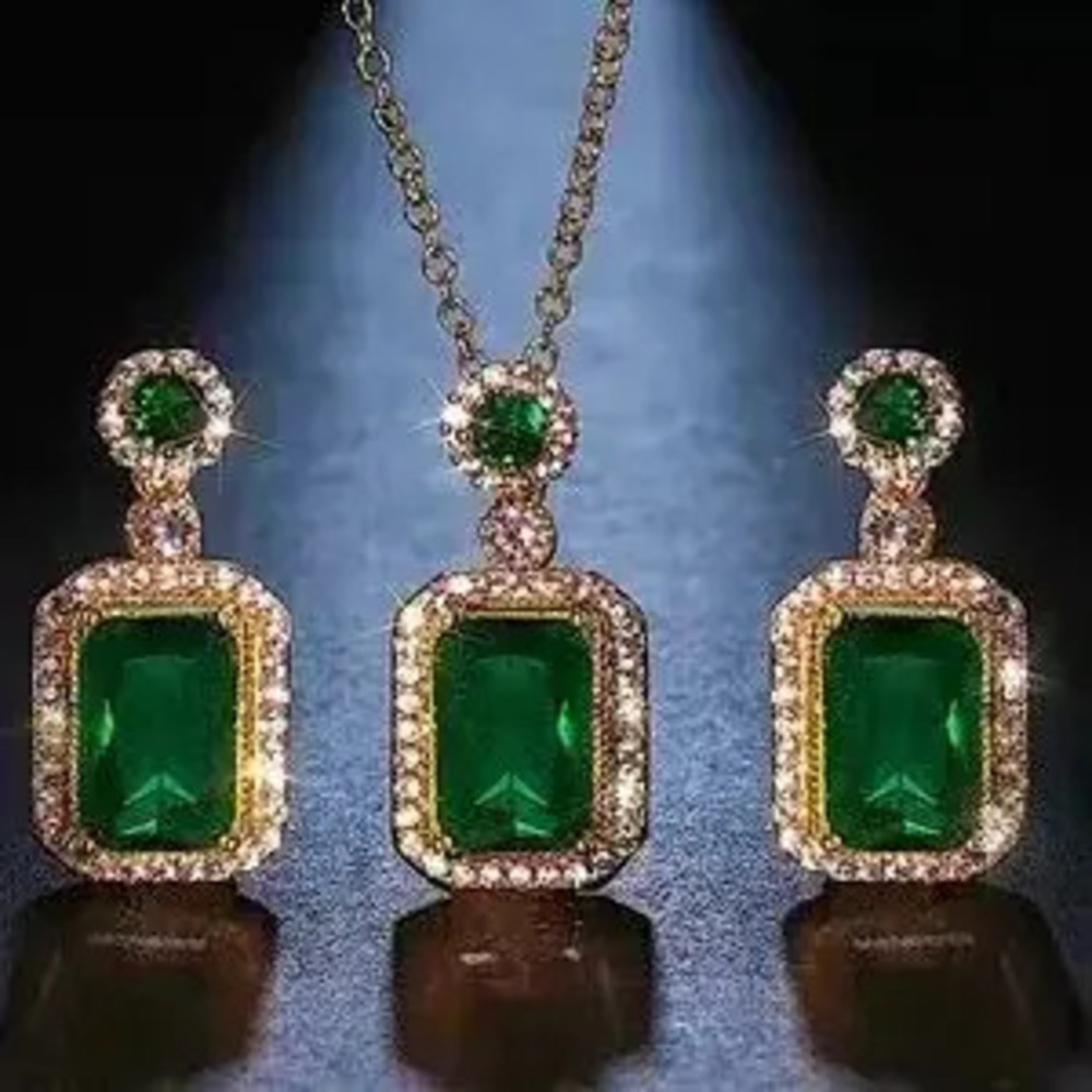 Emerald Gold Plated Zircon Charm Pendant Necklace Matching Earrings Set